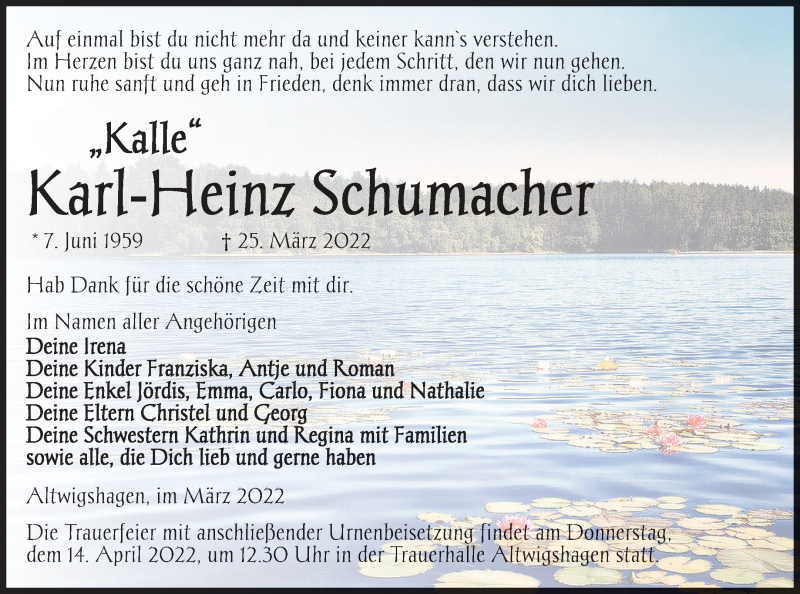  Traueranzeige für Karl-Heinz Schumacher vom 31.03.2022 aus Haff-Zeitung