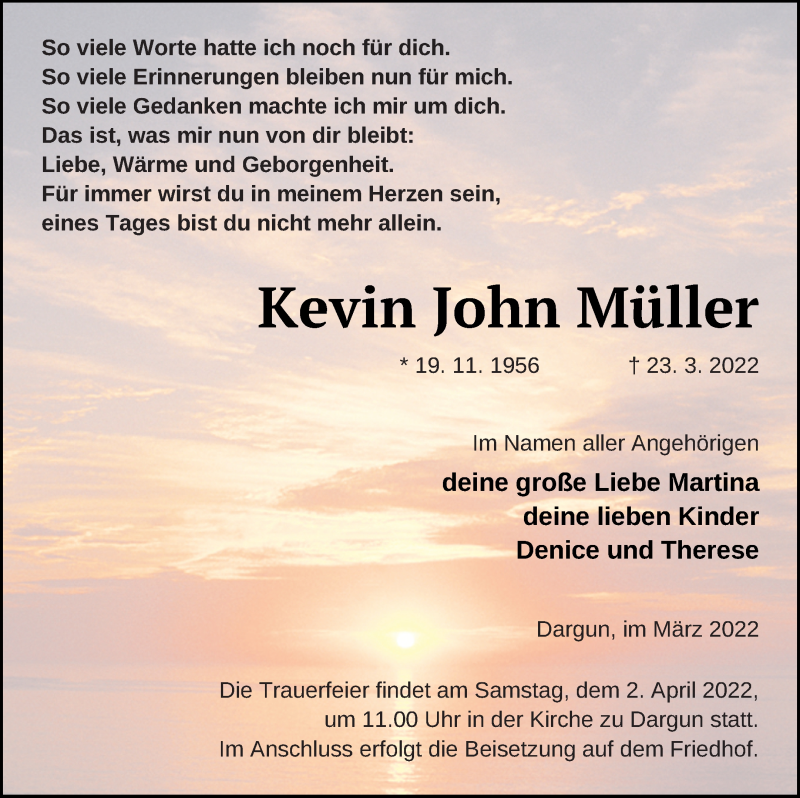  Traueranzeige für Kevin John Müller vom 26.03.2022 aus Mecklenburger Schweiz