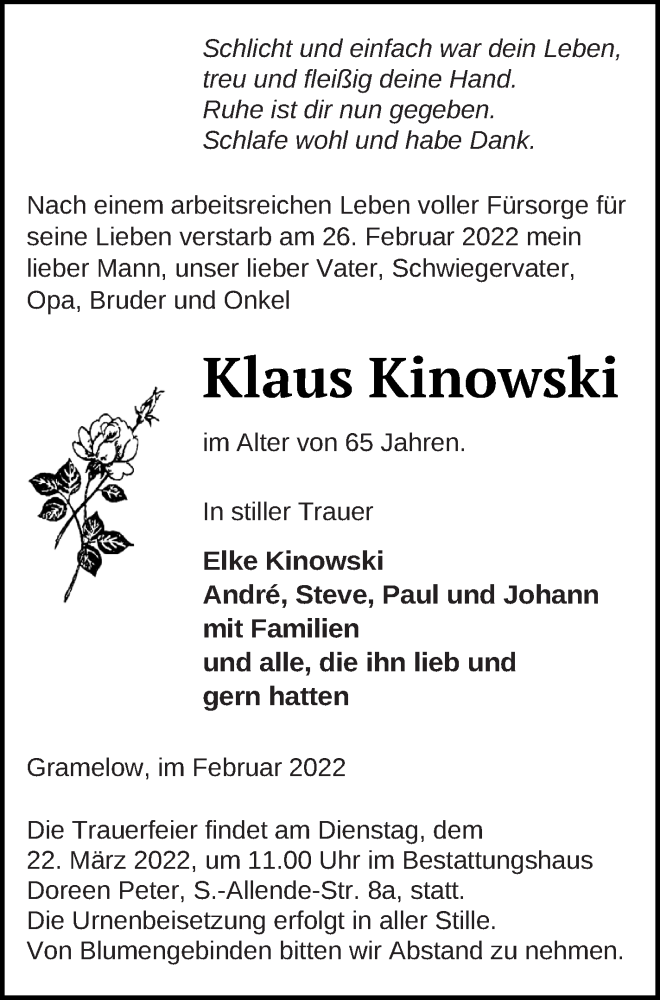  Traueranzeige für Klaus Kinowski vom 04.03.2022 aus Neubrandenburger Zeitung