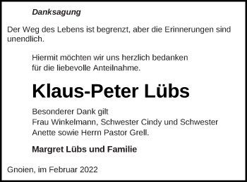 Traueranzeige von Klaus-Peter Lübs von Mecklenburger Schweiz