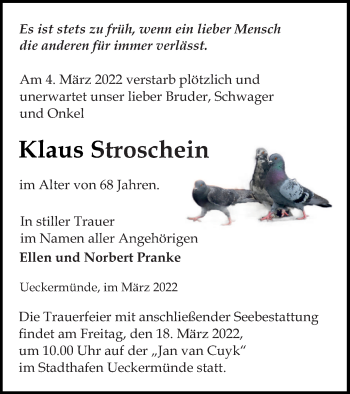 Traueranzeige von Klaus Stroschein von Haff-Zeitung