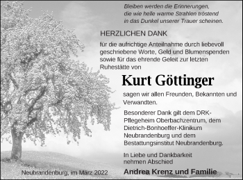 Traueranzeige von Kurt Göttinger von Neubrandenburger Zeitung