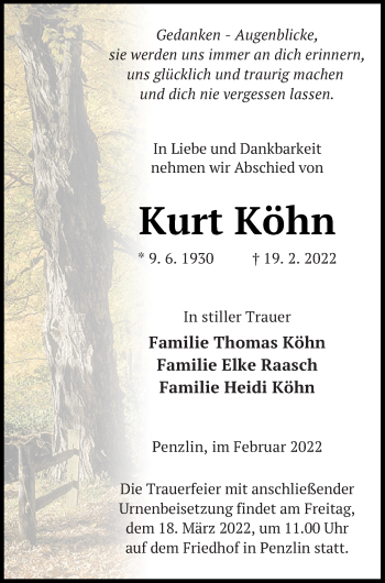 Traueranzeige von Kurt Köhn von Müritz-Zeitung