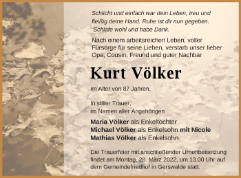 Traueranzeige von Kurt Völker von Templiner Zeitung