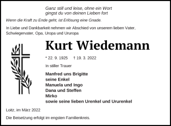 Traueranzeige von Kurt Wiedemann von Vorpommern Kurier