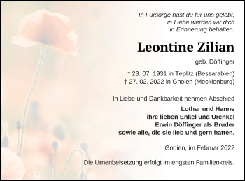 Traueranzeige von Leontine Zilian von Mecklenburger Schweiz
