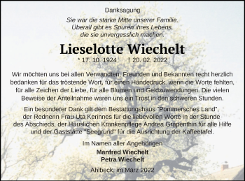 Traueranzeige von Lieselotte Wiechelt von Haff-Zeitung