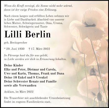 Traueranzeige von Lilli Berlin von Vorpommern Kurier