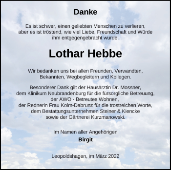 Traueranzeige von Lothar Hebbe von Haff-Zeitung