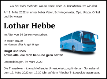 Traueranzeige von Lothar Hebbe von Haff-Zeitung