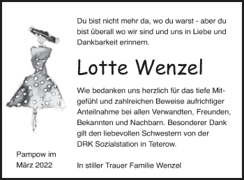 Traueranzeige von Lotte Wenzel von Mecklenburger Schweiz