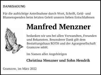 Traueranzeige von Manfred Menzner von Prenzlauer Zeitung