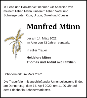 Traueranzeige von Manfred Münn von Prenzlauer Zeitung