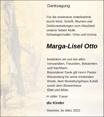 Traueranzeige von Marga-Lisel Otto von Demminer Zeitung