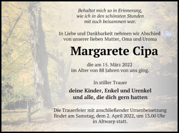 Traueranzeige von Margarete Cipa von Haff-Zeitung