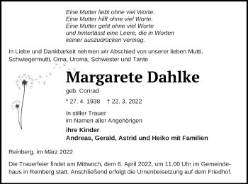 Traueranzeige von Margarete Dahlke von Neubrandenburger Zeitung