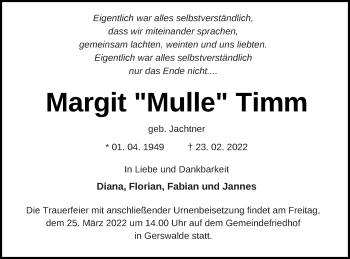 Traueranzeige von Margit Timm von Templiner Zeitung