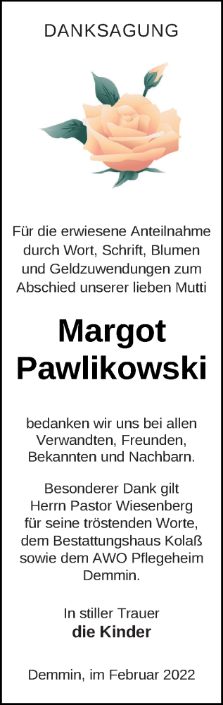 Traueranzeige von Margot Pawlikowski von Demminer Zeitung