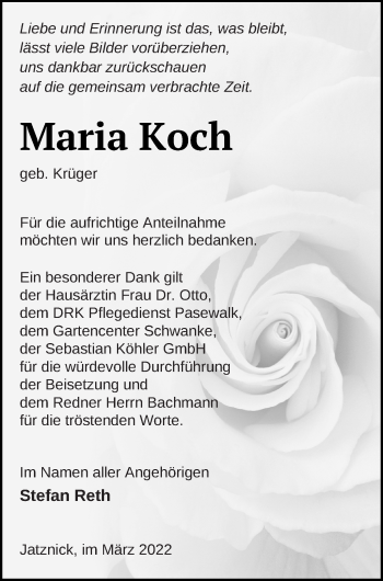 Traueranzeige von Maria Koch von Pasewalker Zeitung