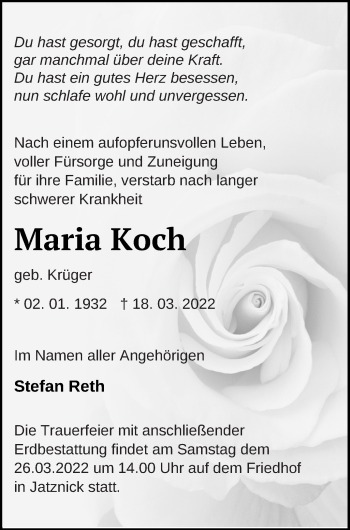 Traueranzeige von Maria Koch von Pasewalker Zeitung