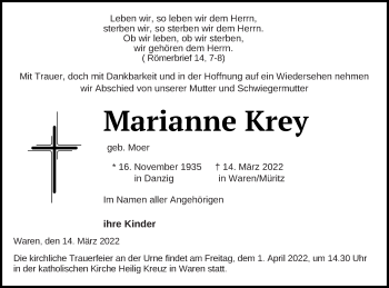 Traueranzeige von Marianne Krey von Müritz-Zeitung