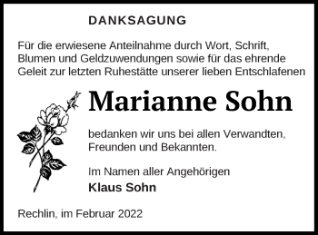 Traueranzeige von Marianne Sohn von Müritz-Zeitung