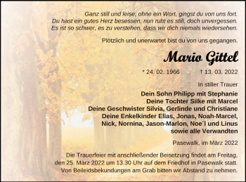 Traueranzeige von Mario Gittel von Pasewalker Zeitung