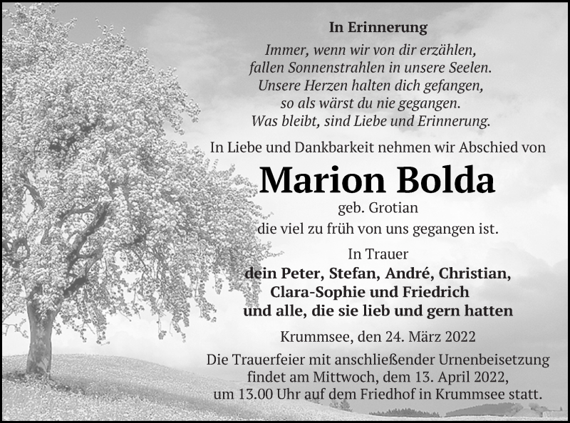  Traueranzeige für Marion Bolda vom 29.03.2022 aus Mecklenburger Schweiz