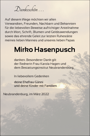 Traueranzeige von Mirko Hasenpusch von Neubrandenburger Zeitung