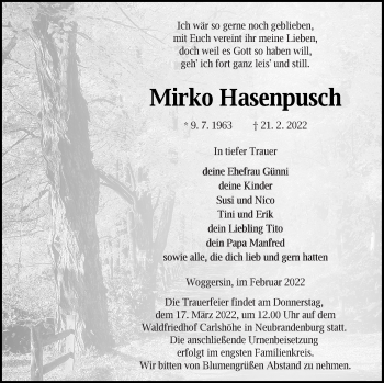 Traueranzeige von Mirko Hasenpusch von Neubrandenburger Zeitung