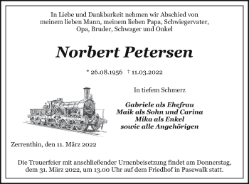 Traueranzeige von Norbert Petersen von Pasewalker Zeitung