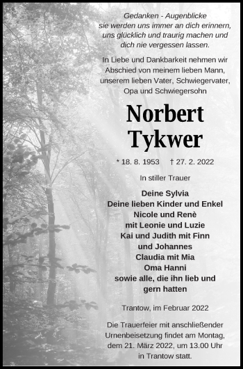 Traueranzeige von Norbert Tykwer von Vorpommern Kurier