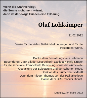 Traueranzeige von Olaf Lohkämper von Prenzlauer Zeitung