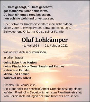 Traueranzeige von Olaf Lohkämper von Prenzlauer Zeitung