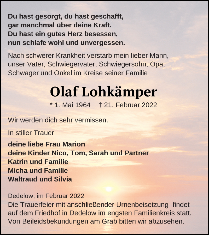  Traueranzeige für Olaf Lohkämper vom 04.03.2022 aus Prenzlauer Zeitung