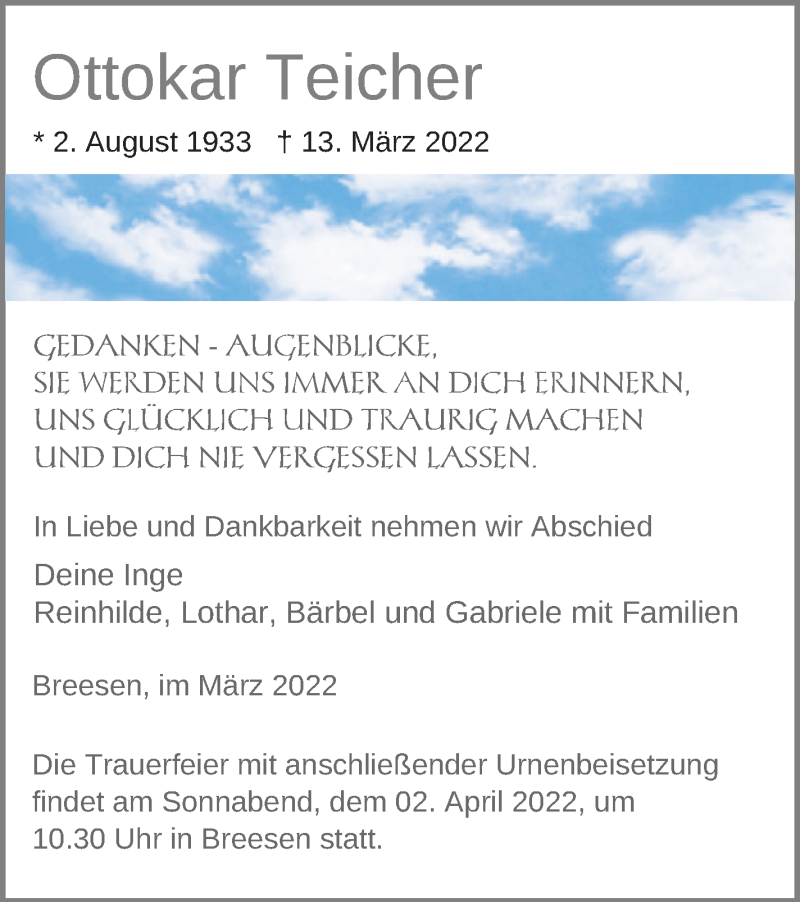  Traueranzeige für Ottokar Teicher vom 18.03.2022 aus Neubrandenburger Zeitung