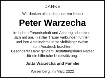 Traueranzeige von Peter Warzecha von Strelitzer Zeitung