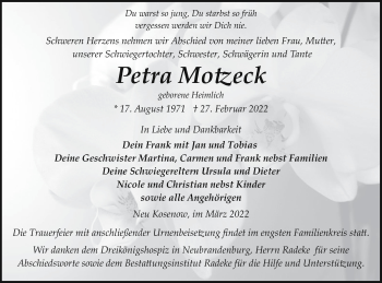 Traueranzeige von Petra Motzeck von Vorpommern Kurier