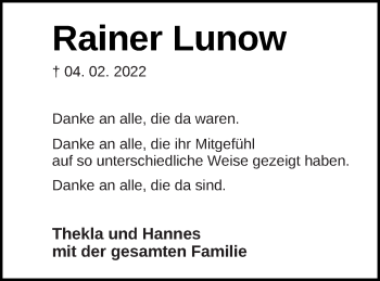 Traueranzeige von Rainer Lunow von Demminer Zeitung