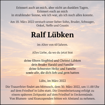 Traueranzeige von Ralf Lübken von Haff-Zeitung