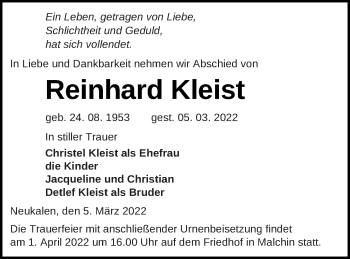 Traueranzeige von Reinhard Kleist von Mecklenburger Schweiz