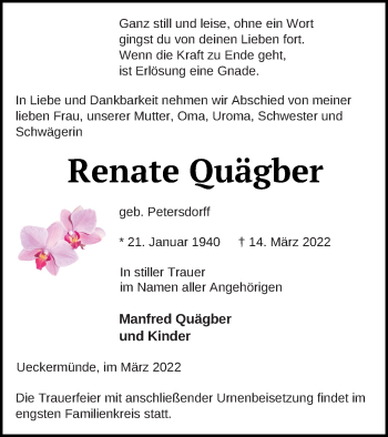 Traueranzeige von Renate Quägber von Haff-Zeitung