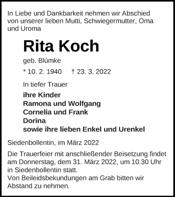 Traueranzeige von Rita Koch von Neubrandenburger Zeitung