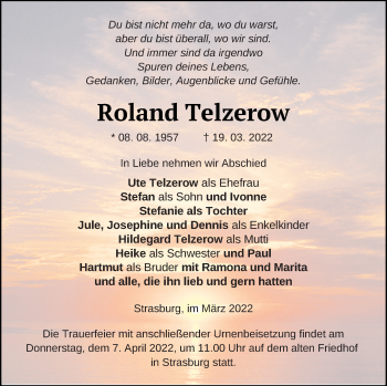 Traueranzeige von Roland Telzerow von Pasewalker Zeitung