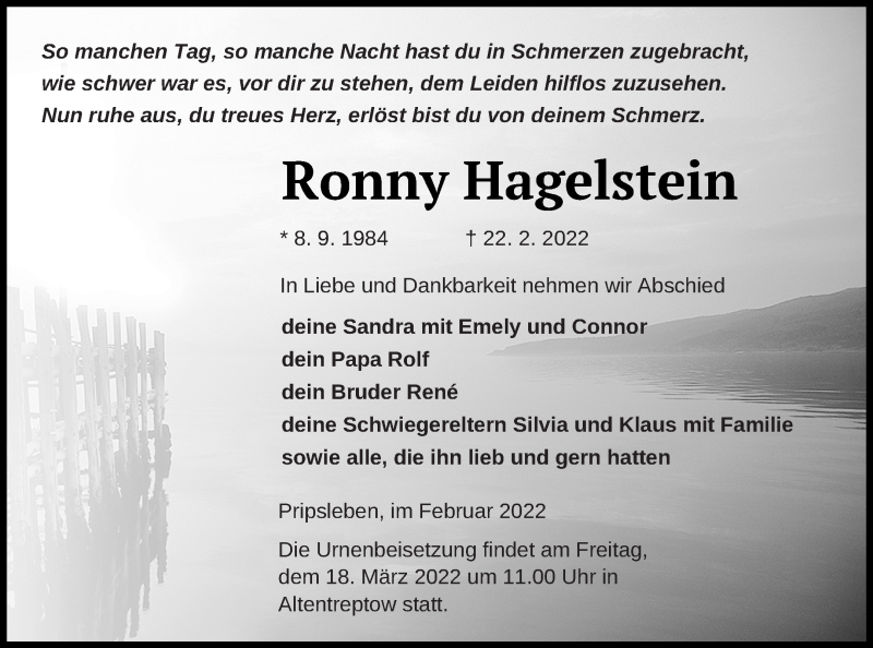  Traueranzeige für Ronny Hagelstein vom 04.03.2022 aus Neubrandenburger Zeitung