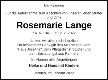 Traueranzeige von Rosemarie Lange von Vorpommern Kurier