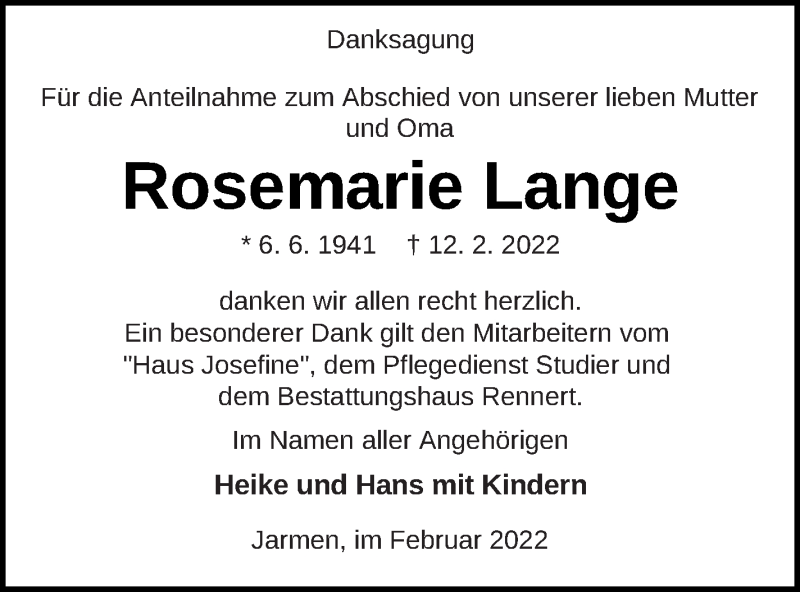  Traueranzeige für Rosemarie Lange vom 01.03.2022 aus Vorpommern Kurier
