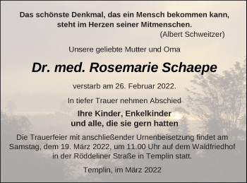 Traueranzeige von Rosemarie Schaepe von Templiner Zeitung