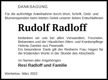 Traueranzeige von Rudolf Radloff von Pasewalker Zeitung