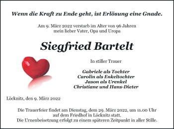 Traueranzeige von Siegfried Bartelt von Pasewalker Zeitung